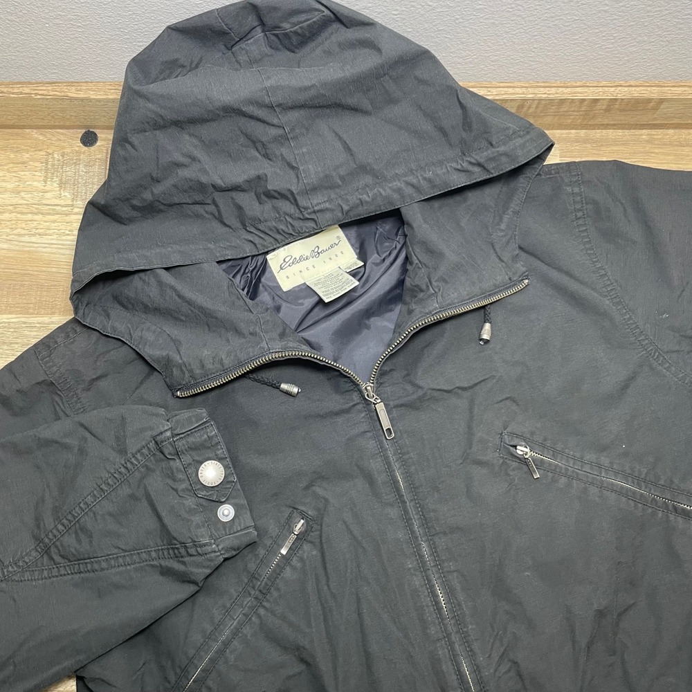Eddie Bauer Womens Black Hooded Parka Jacket Cinch Waist Cotton Blend Small